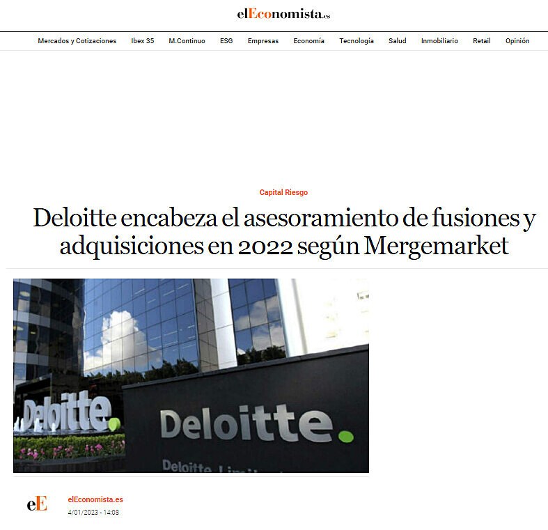 Deloitte encabeza el asesoramiento de fusiones y adquisiciones en 2022 segn Mergemarket
